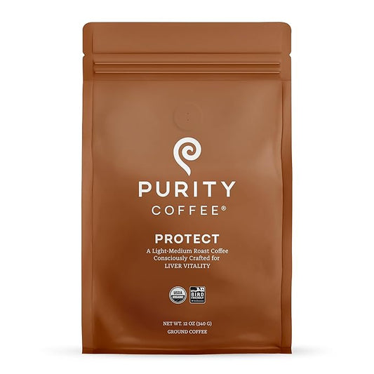 Purity Coffee PROTECT Light-Medium Roast Ground Coffee for Liver Vitality - USDA Organic and Third-Party Tested for Antioxidants, Mold, Mycotoxins and Pesticides - 12oz