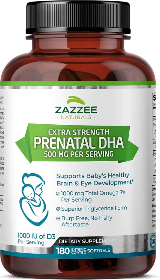 Zazzee Extra Strength Prenatal DHA 500 180 Enteric 1000 mg 3’s, 1000 1000 UI D3, Burp