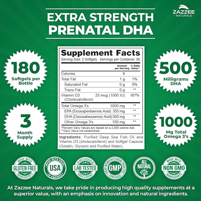 Zazzee Extra Strength Prenatal DHA 500 180 Enteric 1000 mg 3’s, 1000 1000 UI D3, Burp