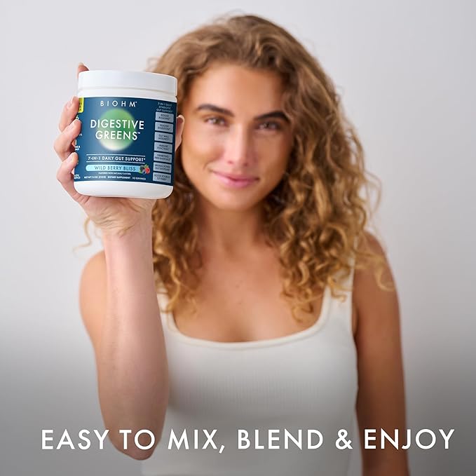 BIOHM Digestive Greens, Green Superfood Powder with Antioxidants, Vitamins and Probiotics, Super Greens, Supplement with Enzymes, Ashwagandha, Spirulina, Chlorella, Berry Flavor (30 Servings)