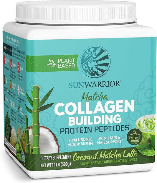 Sunwarrior Vegan Collagen Building Peptides Plant-Based Protein Powder with Hyaluronic Acid & Biotin for Hair Skin Nail Support Non-GMO Dairy Sugar Free Low Carb | Coconut Matcha Latte 20 Servings