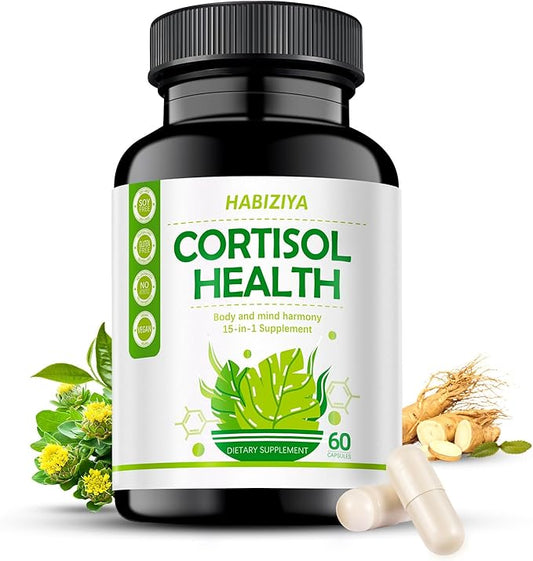 Cortisol Support Supplement with Magnesium Glycinate, L-Theanine, Ashwagandha, Phosphatidylserine,Rhodiola Rosea 15-in-1 Hormone Balance for Women Men Mood, Focus, Sleep Support 60 Capsules