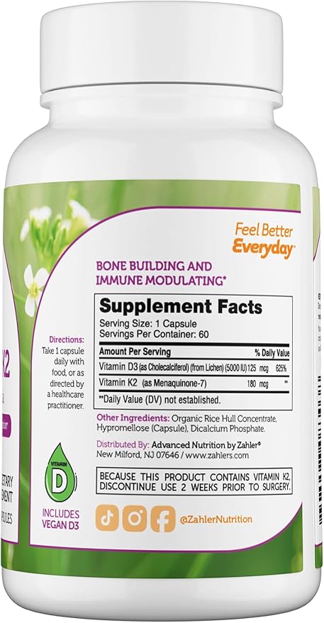 Zahler Vitamin D3 5000 IU K2 - Advanced Vitamin D3 K2 Formula - Bone Density & Calcium Absorption - Kosher Vegetarian MK7 Vitamin K2 D3 Vitamin Supplement - VIT D3 K2, Vitamin D K2 (60 Capsules)