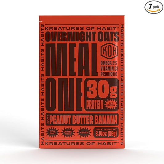 Kreatures of Habit Meal One | Overnight & Instant Superfood Protein Meal Replacement | Gluten Free, Dairy Free, 30g of Plant Based Protein, With No Added Sugar | Peanut Butter Banana | Pack of 7