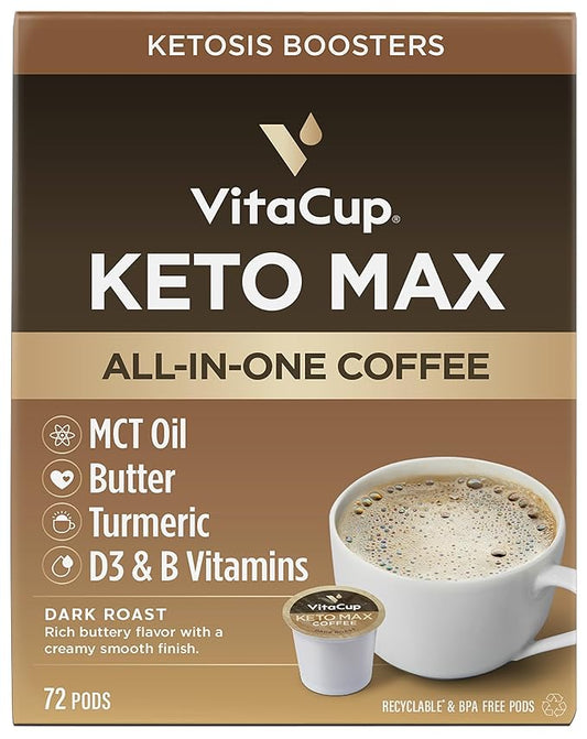 VitaCup Keto Max Dark Roast Coffee Pods, Ketosis & Energy, Butter, MCT Oil, Turmeric, B Vitamins, D3, All-In-One Keto Recyclable Single Serve Pod Compatible w/Keurig K-Cup Brewers,72 Ct