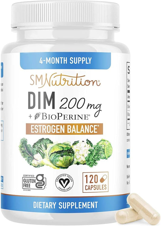 DIM Supplement 200 mg (120 Ct) | Estrogen Balance for Women & Men | Hormone Balance, Hormonal Acne Supplements, Menopause, Antioxidant & PMS Support | Non-GMO, Vegan, Soy Free | 4 Month Supply