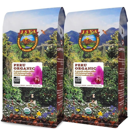 Java Planet Organic, Peru Single Origin Medium Dark Roast, Smooth Full Flavored Organic Coffee Beans, Low Acid, Whole Bean Coffee, Smithsonian Bird Friendly Two 1LB Bags