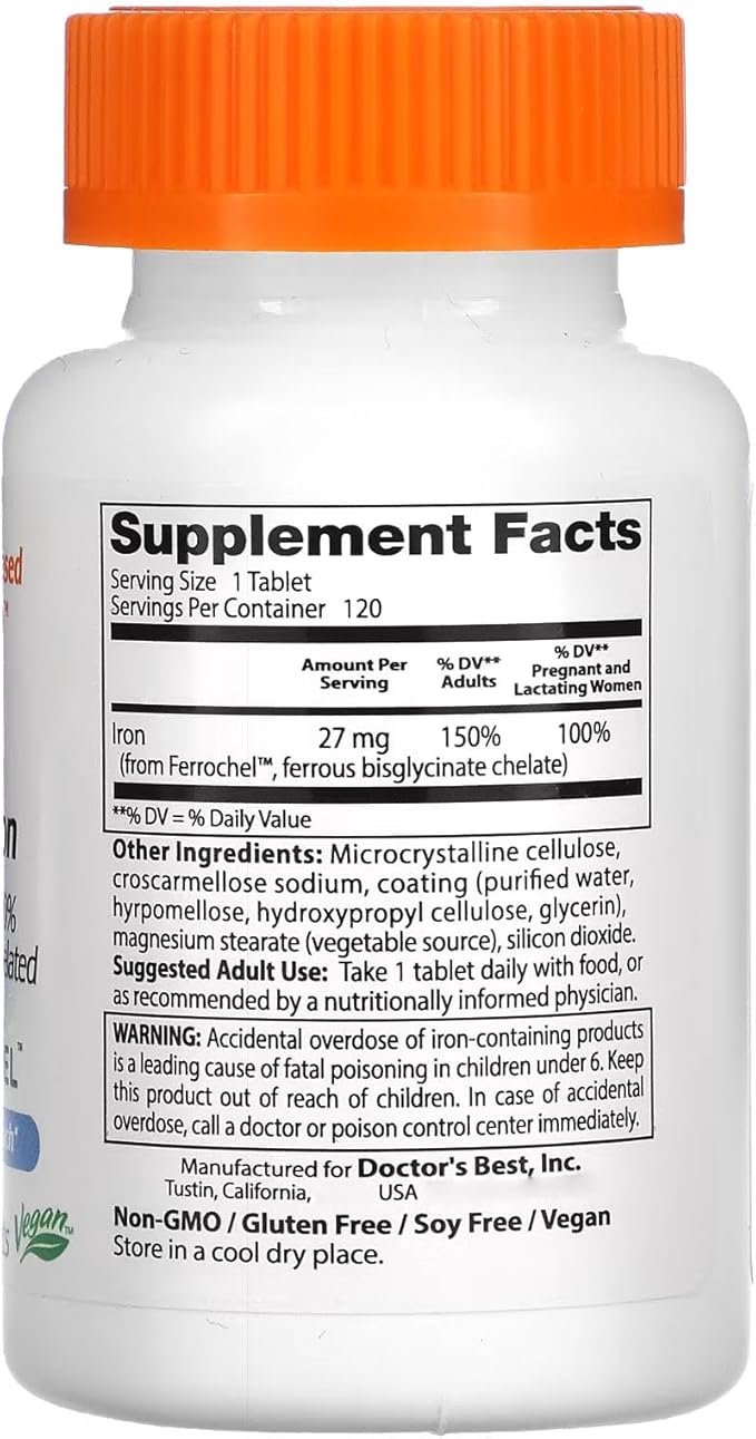 Doctor's Best High Absorption Iron Tablet with Ferrochel, Gentle on The Stomach, Immune Health, Blood Health, 27 mg