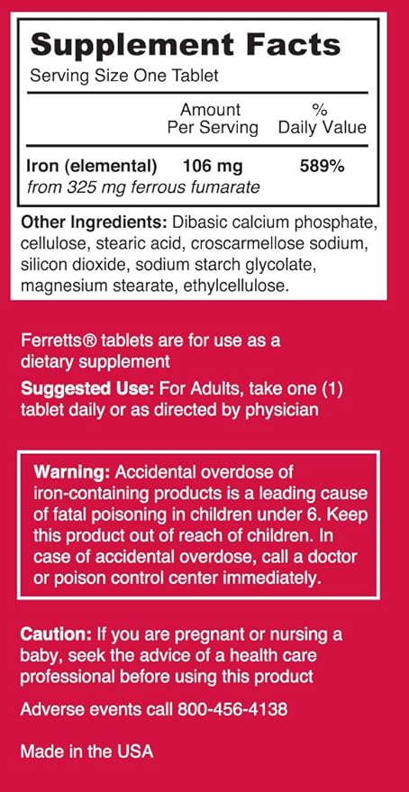 Iron Tablets 106mg (325mg Ferrous Fumarate) - 60 Day Supply of High Potency Iron Supplements for Women & Men - Gentle & Non-Constipating Iron Supplements for Anemia - 60 Iron Pills Per Bottle