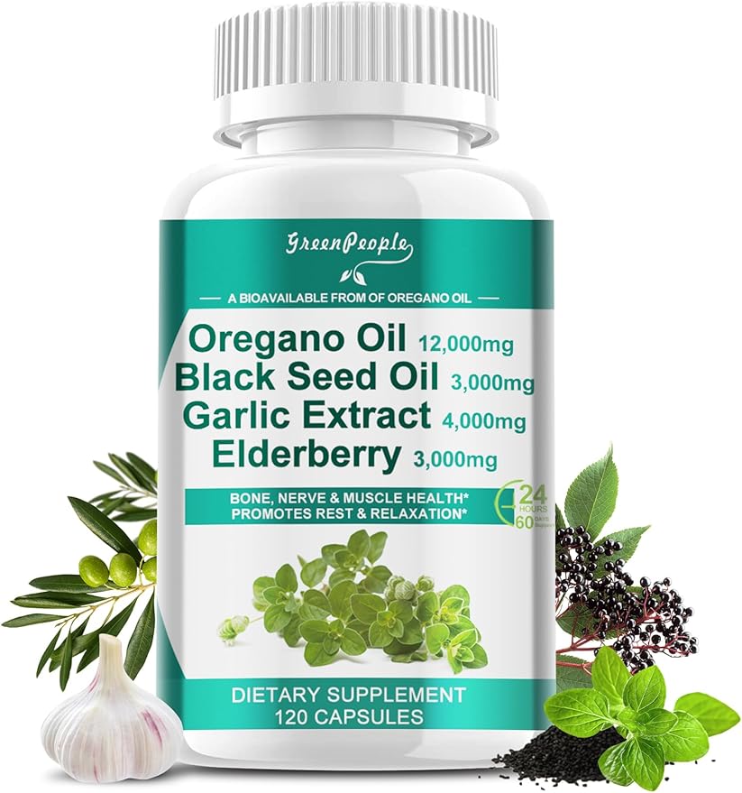 Oregano Oil 12,000mg Black Seed Oil 3,000mg Garlic 4,000mg Elderberry 3,000mg - D3 & 120 Capsules丨Vegan