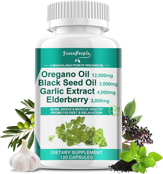 Oregano Oil 12,000mg Black Seed Oil 3,000mg Garlic 4,000mg Elderberry 3,000mg - D3 & 120 Capsules丨Vegan