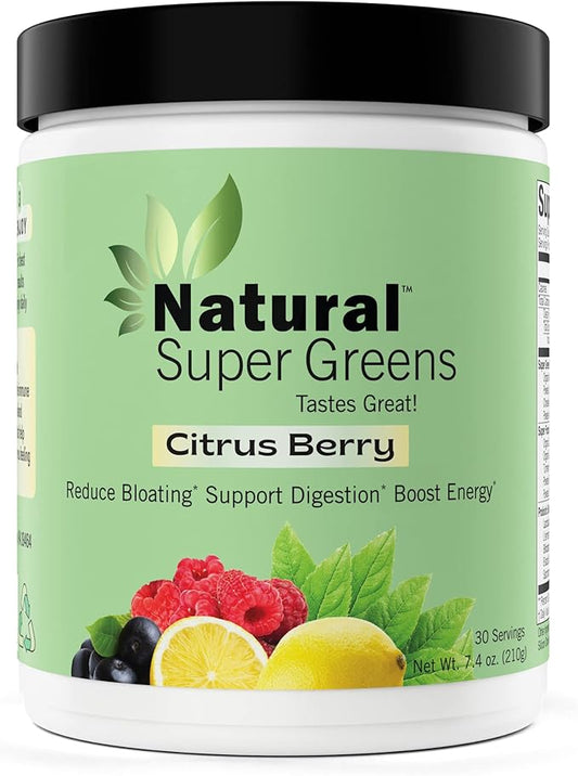 Natural Super Greens Powder Organic Supplements| Great Tasting Fruits and Vegetables Juice & Smoothie Mix| Probiotics & Digestive Enzymes| Green Superfood Spirulina & Chlorella (Citrus Berry)
