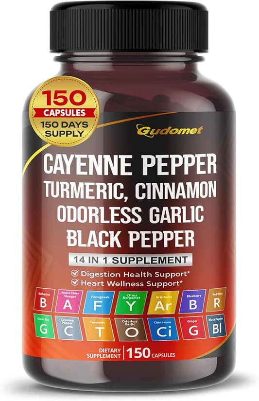 Cayenne Pepper Turmeric Odorless Garlic Cinnamon -150 Capsules-