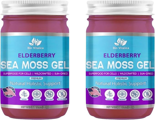 Sea Moss Gel by BioVitalica - Irish sea Moss raw Organic - Premium Quality - Dr Sebi, Vegan superfood for Cells - 100% Natural Seamoss Gel - (Pack of 2, Elderberry)