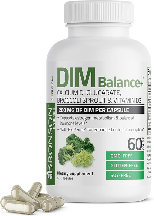 Bronson DIM Balance+ Calcium D-Glucarate, Broccoli Sprouts and Vitamin D3 200 MG of DIM per Capsule Supports Estrogen Metabolism and Balanced Hormone Levels Non-GMO, 60 Vegetarian Capsules