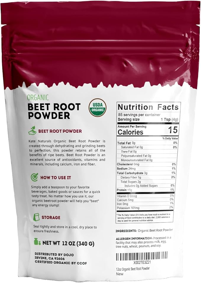 Kate Naturals Beet Root Powder for Baking & Smoothies (12 oz) USDA Organic Beetroot Powder & Nitric Oxide Supplement for Increase Energy & Stamina Pre Workout. Gluten Free Organic Beet Powder