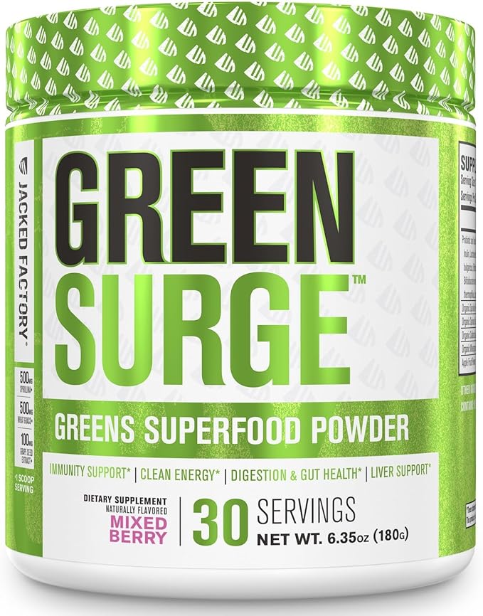 Jacked Factory Green Surge Green Superfood Powder - Keto Friendly Greens Drink w/Spirulina, Wheat & Barley Grass, Organic Greens - Green Tea Extract, Probiotics & Digestive Enzymes - Mixed Berry