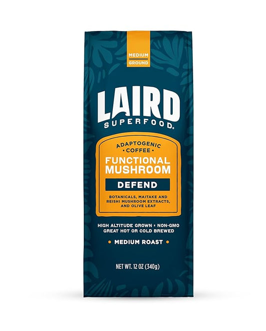 Laird Superfood Boost Coffee, Medium Roast Ground Beans Infused with Functional Mushrooms, Vitamin D and Olive Leaf Powder, 12 oz. Bag