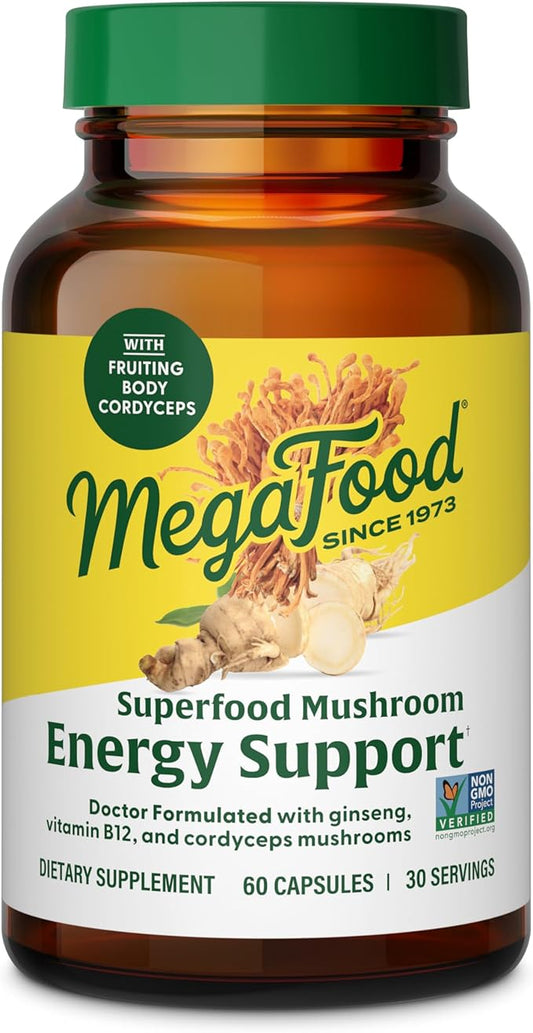 MegaFood Superfood Mushroom Energy Support B12 Vitamins 60 Capsules, 30 Servings