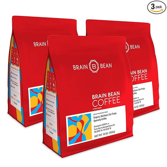 Brain Bean Organic Coffee - Smooth Taste, Antioxidant Rich & Fair Trade - Whole Bean Medium Roast 16 Oz (3 Pack)