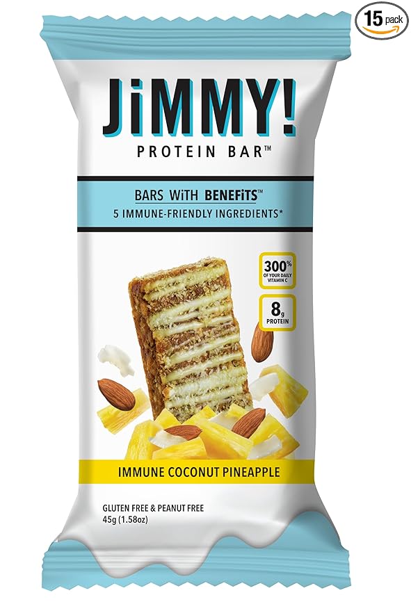 JiMMY'S! Functional Immune Protein Bar - Coconut Pineapple - 15 count - Immune Support with 300% Daily Vitamin C - Immune System Fortifying Ingredients: Vitamin C, Turmeric, Orange, Acerola Cherry and Almonds