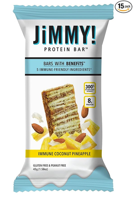 JiMMY'S! Functional Immune Protein Bar - Coconut Pineapple - 15 count - Immune Support with 300% Daily Vitamin C - Immune System Fortifying Ingredients: Vitamin C, Turmeric, Orange, Acerola Cherry and Almonds