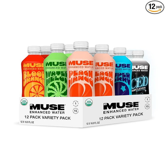 MyMuse Organic Enhanced Flavored Water, Variety Pack, 16.9 Fl Oz Bottle (12 pack), 1G of Sugar, Immune Support with Zinc & Elderberry, Antioxidants Vitamin E, Low Calories, USDA organic, Keto Friendly
