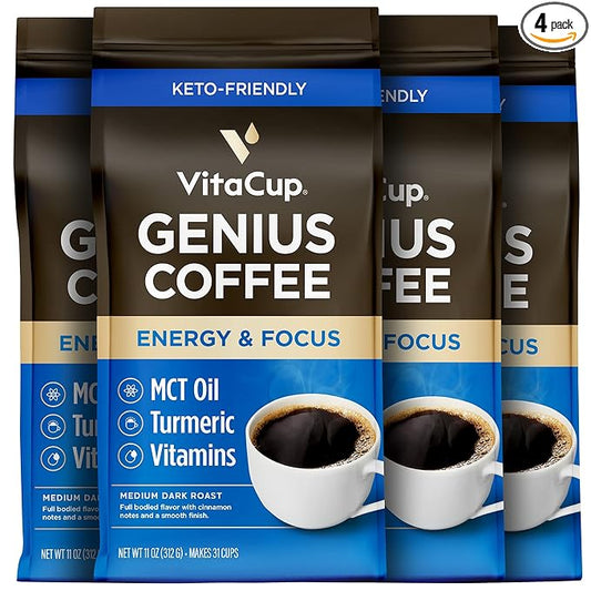 VitaCup Genius Ground Keto Coffee w/Turmeric, MCT Oil, B Vitamins, D3, Ground Coffee Medium Dark Roast, Bold & Smooth, 100% Arabica Coffee Grounds, 4 bags, 11oz each