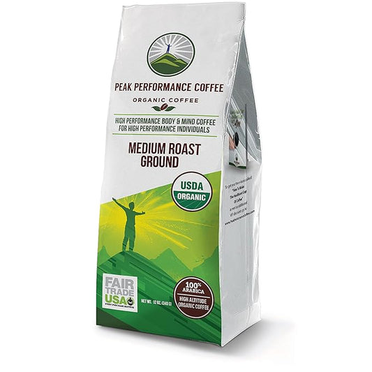 Peak Performance High Altitude Organic Coffee. Fair Trade, Low Acid, Non GMO, and Beans Full Of Antioxidants. Medium Roast Smooth Tasting USDA Certified Organic Ground Coffee Bag