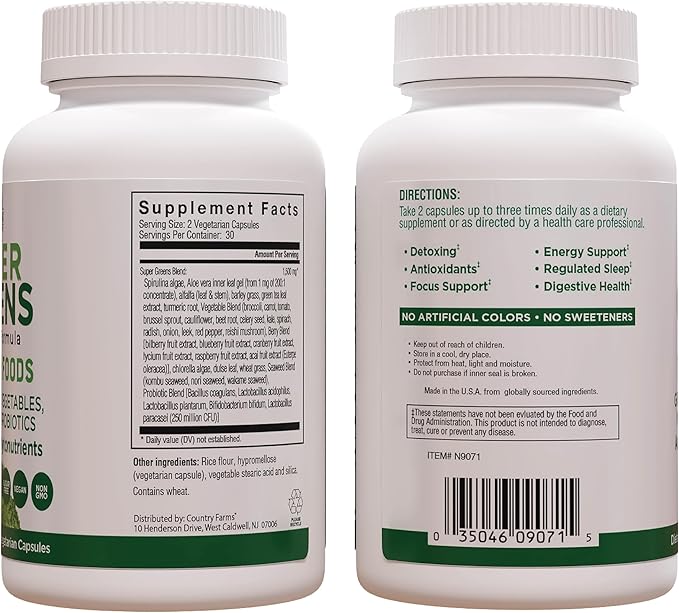 COUNTRY FARMS Super Greens Vegicaps, 32 Super Foods, Whole Food Supplement, Greens, Fruit, Vegetables, Mushrooms & Probiotics, Rich in Antioxidants & Phytonutrients, 60 Count, 30 Servings