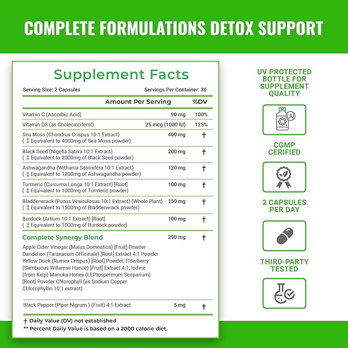 4000mg Sea Moss Supplement Blend 2000mg Ashwagandha 1200mg Turmeric 1000mg Bladderwrack 1500mg, Burdock 1000mg & D3 with