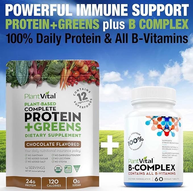 PlantVital Vegan Protein Powder Plant Based, Organic Protein Powder Chocolate, 24g/0g sugar, 12 Superfoods, Veggies, Probiotics, Raw Cocoa, Kale, Beets, Spirulina, Pea, Gluten-Free, Keto-Friendly,32oz