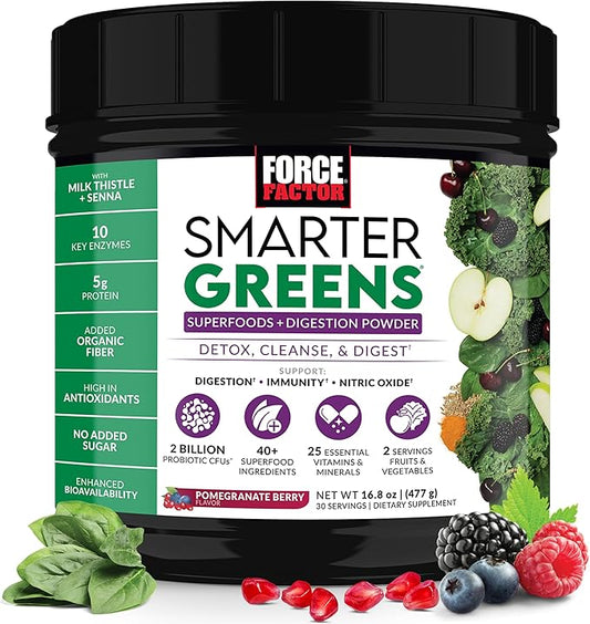 Force Factor Smarter Greens Superfoods Powder to Support Digestion, Gut Health, Bloating, Greens Powder with Probiotics, Prebiotics, Digestive Enzymes, & Adaptogens, Pomegranate Berry, 30 Servings