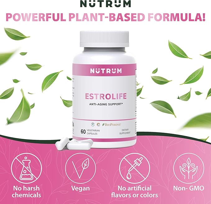 Estrolife Anti-Aging Support for Women by Nutrum, Vegan Supplement for Long Lasting Female Hormonal Balance, Ovarian Function, Skin Hydration, Elasticity and Firmness, Menopause Relief, 60 Capsules