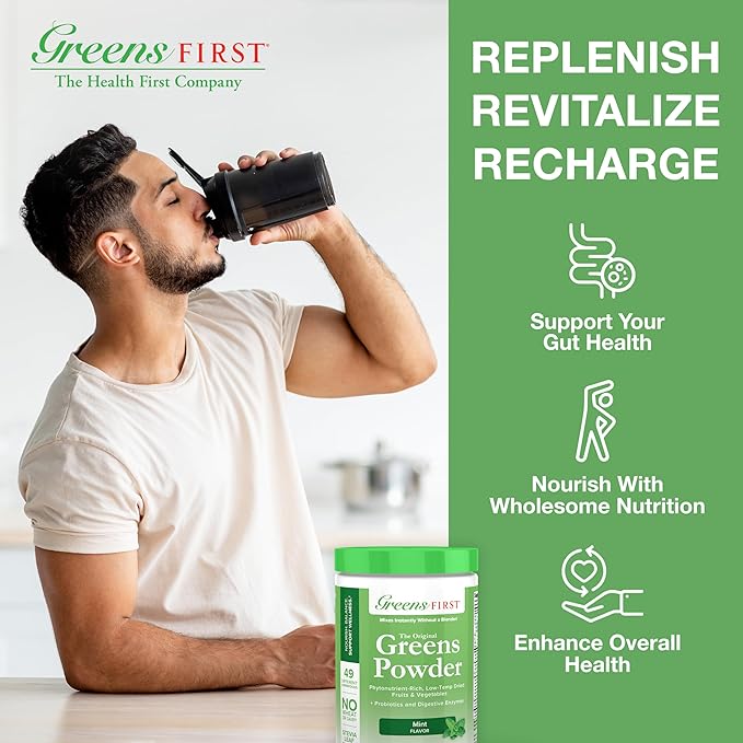 Greens First Original Greens Powder - 49 Superfoods - Organic Fruits & Veggies - Prebiotics, Probiotics & Digestive Enzymes - Antioxidant Smoothie - Dairy Free, Vegan & Non-GMO (Mint, 30 Servings)
