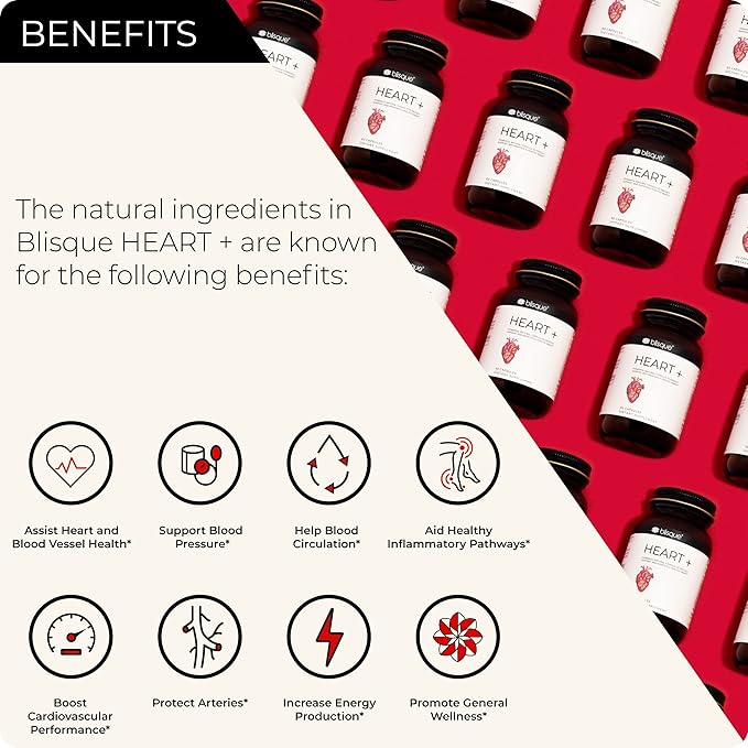 Blisque – Natural Blood Pressure Support Supplement for Heart Health and Circulation | Doctor-Approved | with 200 mg CoQ10, Hawthorn Berry, Beet Root, Turmeric | 90 Capsules