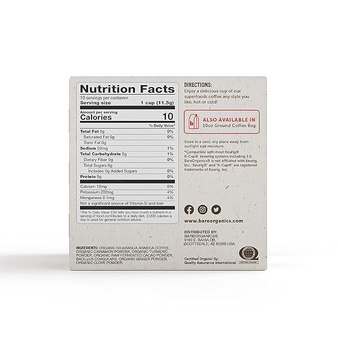 BareOrganics 13313 Cardio Care USDA Organic Coffee Pods, Compatible Organic Coffee Pods, Infused with Superfoods & Probiotics, Vegan Friendly, Gluten Free, 10 Single Serve Cups