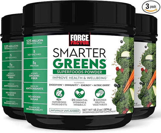 FORCE FACTOR Smarter Greens Superfoods Powder, 3-Pack, Supports Digestion and Bloating, Immunity, and Energy, Greens Powder with Probiotics, Digestive Enzymes, Antioxidants, and Fiber, 90 Servings