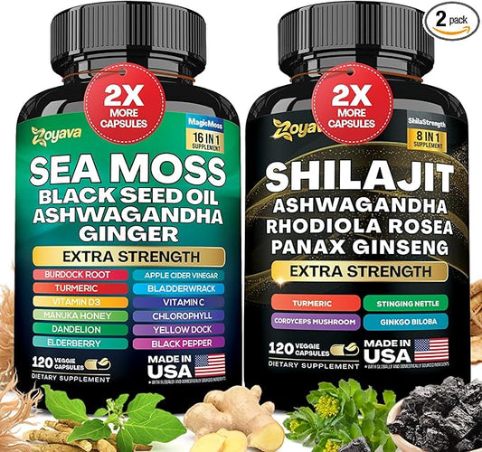Zoyava Dynamic Vitality Bundle, Sea Moss 7000mg, Black 4000mg, Ashwagandha 2000mg, Ginger 9000mg, Rhodiola 1000mg, Panax (2 Pack)