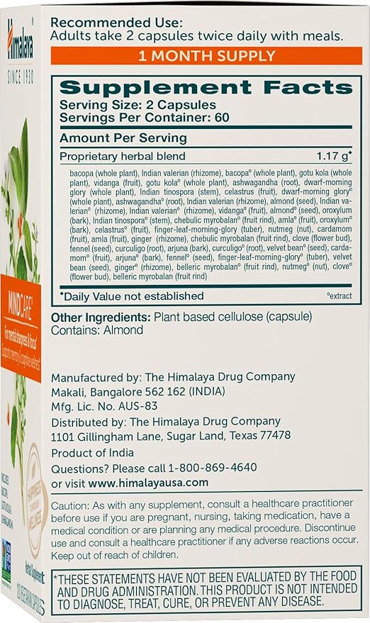 Himalaya MindCare, Nootropic Brain Supplement Booster 1170 mg, 120 Capsules, 1 Month