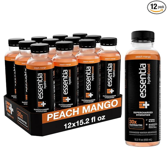 NEW Essentia Hydroboost Enhanced Bottled Water, 15.2 fl. oz. (450 mL), 12 Pack, Peach Mango, Hydrolyte Blend with B-Complex Vitamins and Electrolytes, Clean Taste & Supercharged Hydration