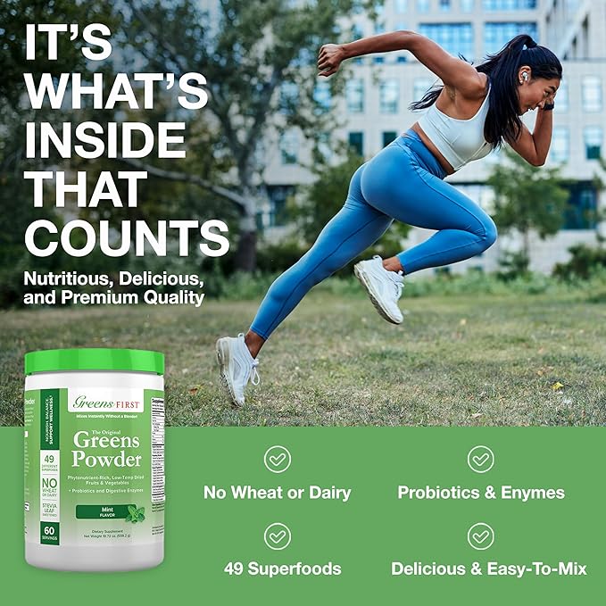 Greens First Original Greens Powder - 49 Superfoods - Organic Fruits & Veggies - Prebiotics, Probiotics & Digestive Enzymes - Antioxidant Smoothie - Dairy Free, Vegan & Non-GMO (Mint, 60 Servings)