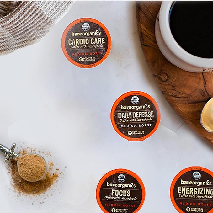 BareOrganics 13313 Cardio Care USDA Organic Coffee Pods, Compatible Organic Coffee Pods, Infused with Superfoods & Probiotics, Vegan Friendly, Gluten Free, 10 Single Serve Cups