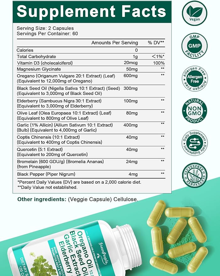 Oregano Oil 12,000mg Black Seed Oil 3,000mg Garlic 4,000mg Elderberry 3,000mg - D3 & 120 Capsules丨Vegan