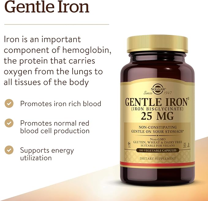 Solgar Gentle Iron - Ideal for Sensitive StomachsRed Blood Cell Supplement, , Non Constipating & GMO, Vegan, Gluten & Dairy Free, Kosher - 180 Servings, Unflavored, 180 Count