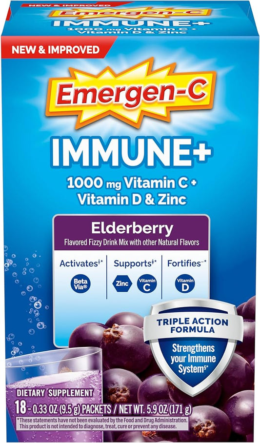 Emergen-C Immune+ Vitamin C 1000mg (18 Count, Elderberry) Dietary Supplement Fizzy Drink Mix Powder Packets