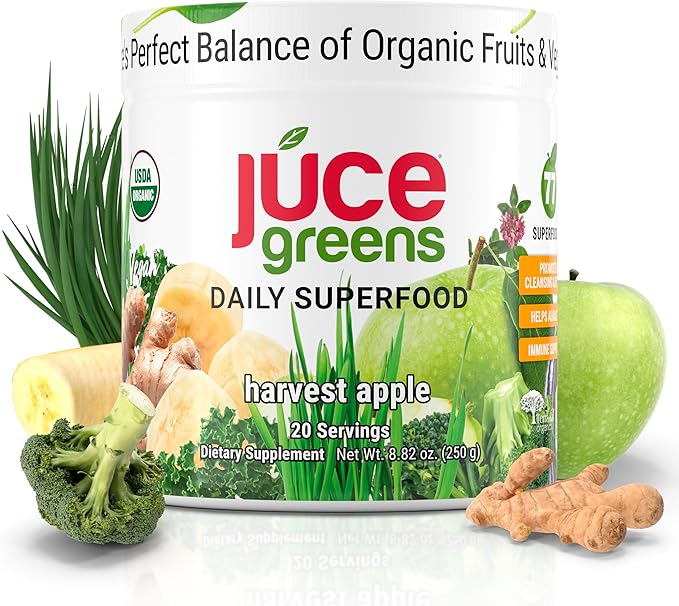 JUCE Green Superfood Powder, Organic Fruits and Veggies Supplement W/ 77 Superfoods Plus Prebiotic Probiotic Blend, Harvest Apple Flavor - 20 Servings (230 g) - By Terra Kai Organics