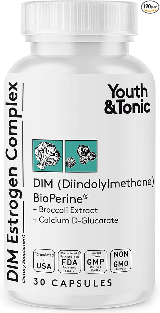Youth & Tonic DIM BioPerine for Estrogen Metabolism Support | Women and Men Hormone Balance with Excess Estrogen Blocker | Diindolylmethane Supplement - 30 Pills