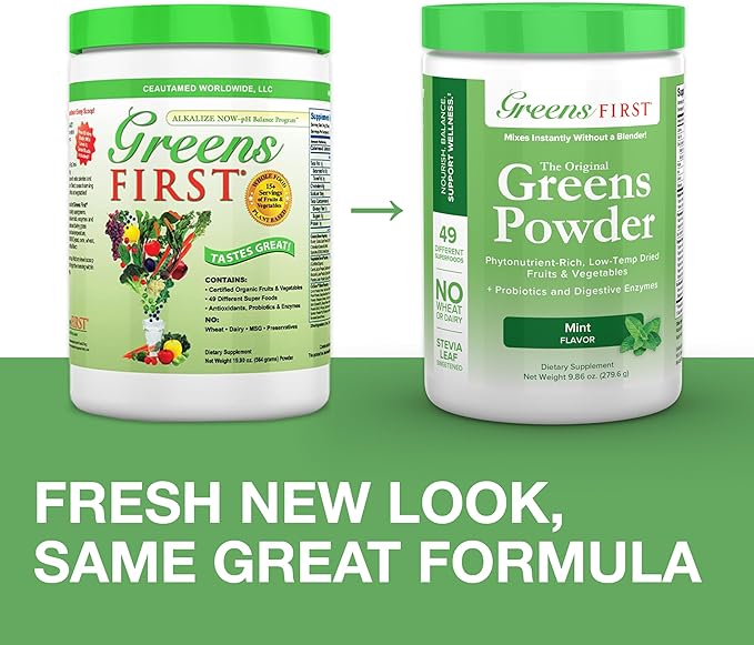 Greens First Original Greens Powder - 49 Superfoods - Organic Fruits & Veggies - Prebiotics, Probiotics & Digestive Enzymes - Antioxidant Smoothie - Dairy Free, Vegan & Non-GMO (Mint, 30 Servings)