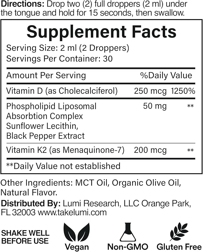 lumi Vitamin D3 K2 MK7 w Palm MCT Oil - 10000 IU D3, 200 mcg K2 MK7-60ml Liposomal Absorption Sublingual Liquid Drops - Non-GMO, Vegan, Unflavored Liquid - Monthly Supply - 2 Fl Oz
